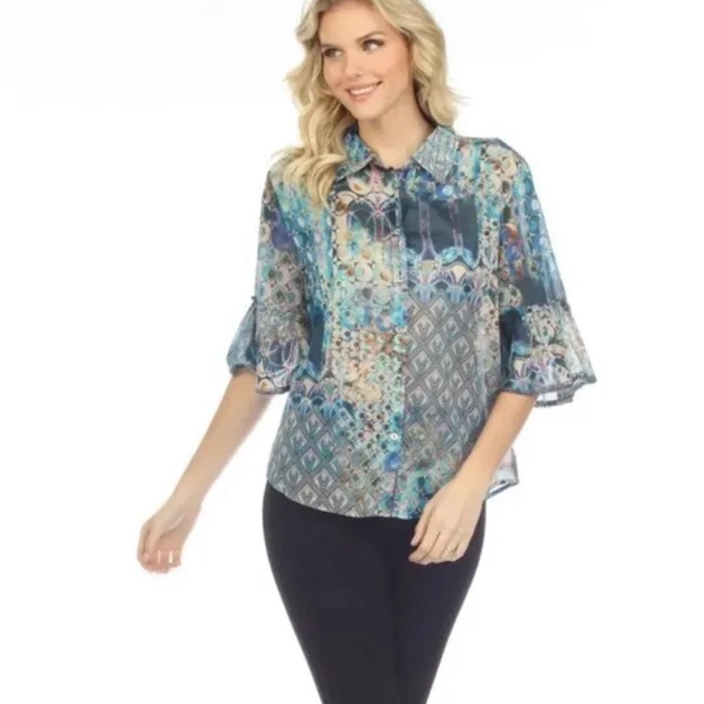 Johnny Was 2x Blue Multi-Pattern Bell Sleeves Summer Silk Blouse